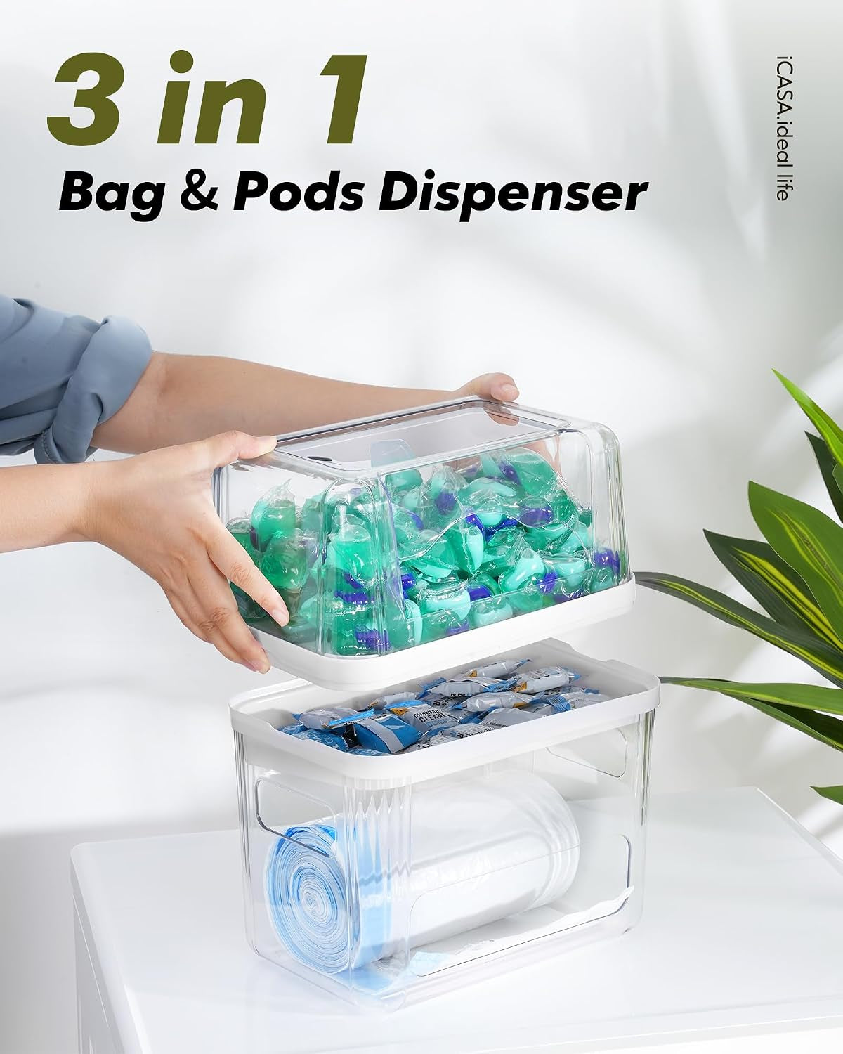 Trash Bag and Dishwasher Pod Dispenser - 3 in 1 Clear Storage Bins Holder for 13/30/33 Gallon Garbage Bags, Laundry Detergent Pods & Tabs, under Sink Organizer for Kitchen and Laundry Room