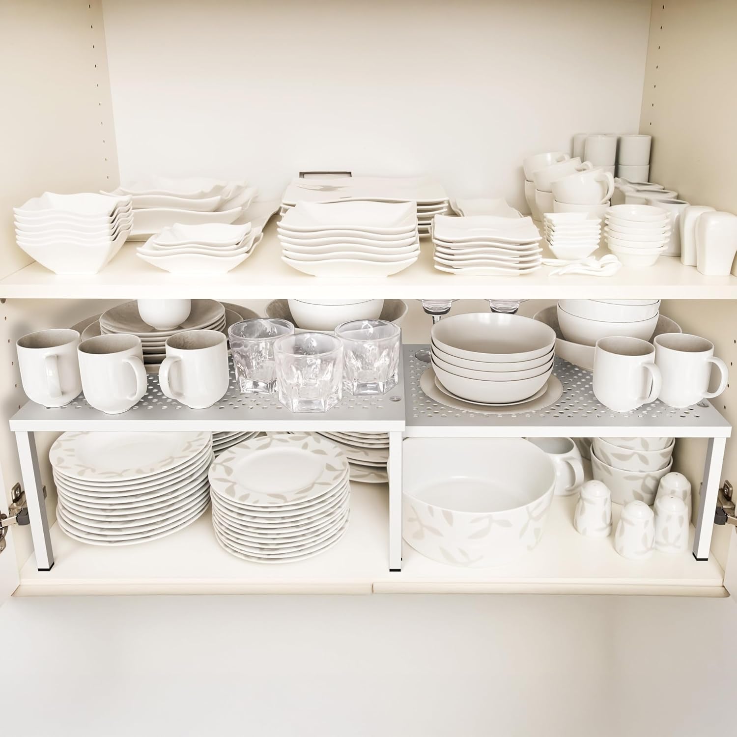 Expandable Stackable Kitchen Counter Shelf Organizer, White, Metal Top, 11.25"L X 7.9"W X 5.4"H