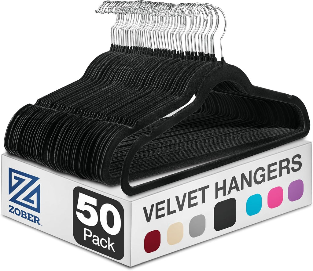 Black Velvet Hangers 50 Pack - Clothes Hangers, Coat Hanger for Pants & Dress Clothes - Non Slip W/ 360 Degree Swivel, Holds up to 10 Lbs - Strong Felt Hanger for Clothing