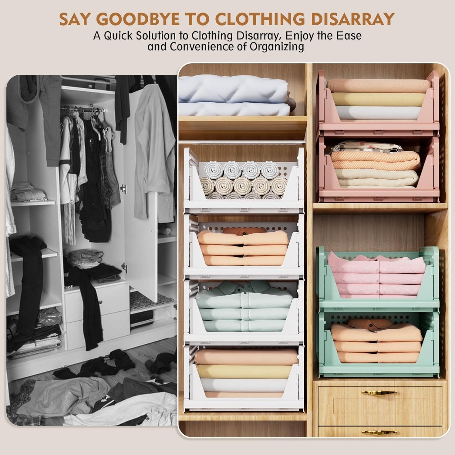 5 Pack Stackable Closet Storage Basket, Multifunctional & Foldable Closet Organizer for Bathroom Kitchen Laundry Room Wardrobe Storage, Space-Saving Clothes Storage Drawer Organizer, White