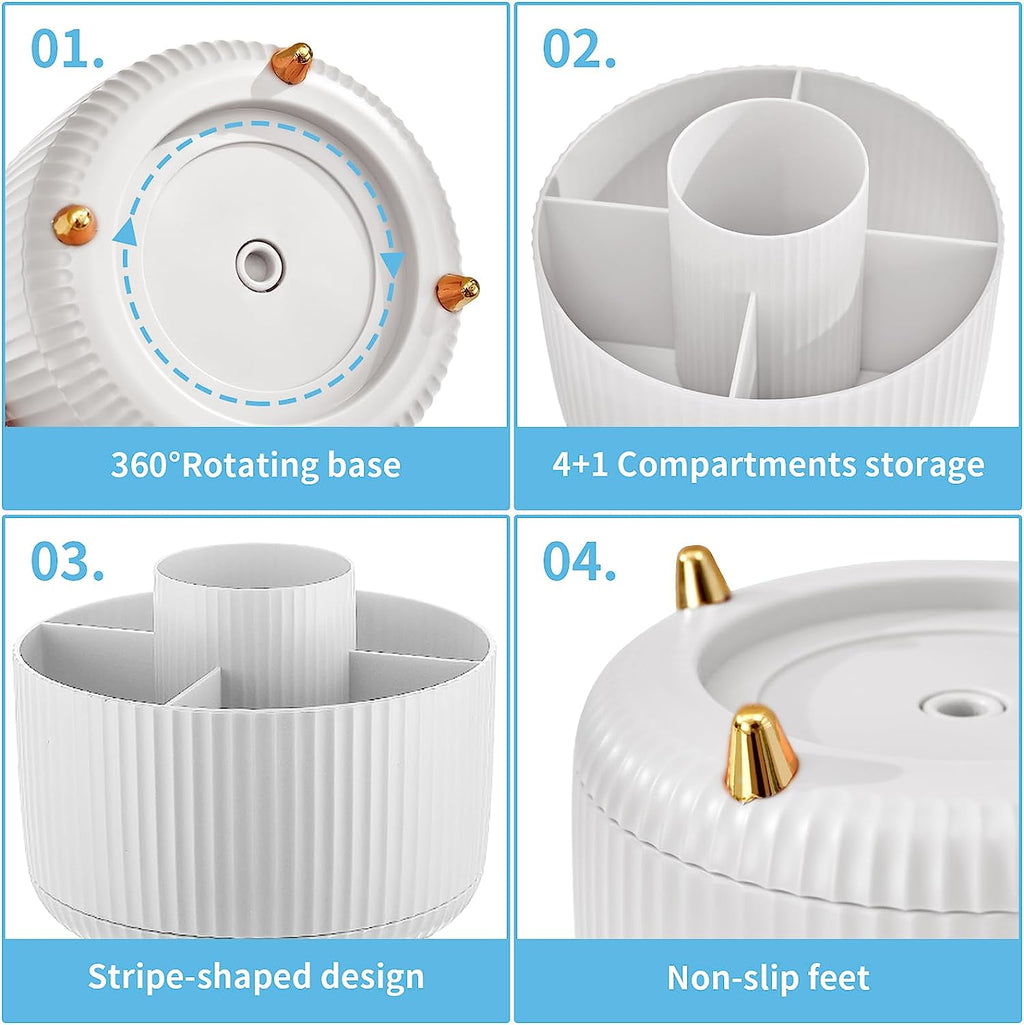 Desk Organizer, 360-Degree Rotating Pen Holder, Desk Organizers and Accessories with 5 Compartments Pencil Holder, Art Supply Storage Box Caddy for Office, Home（White）