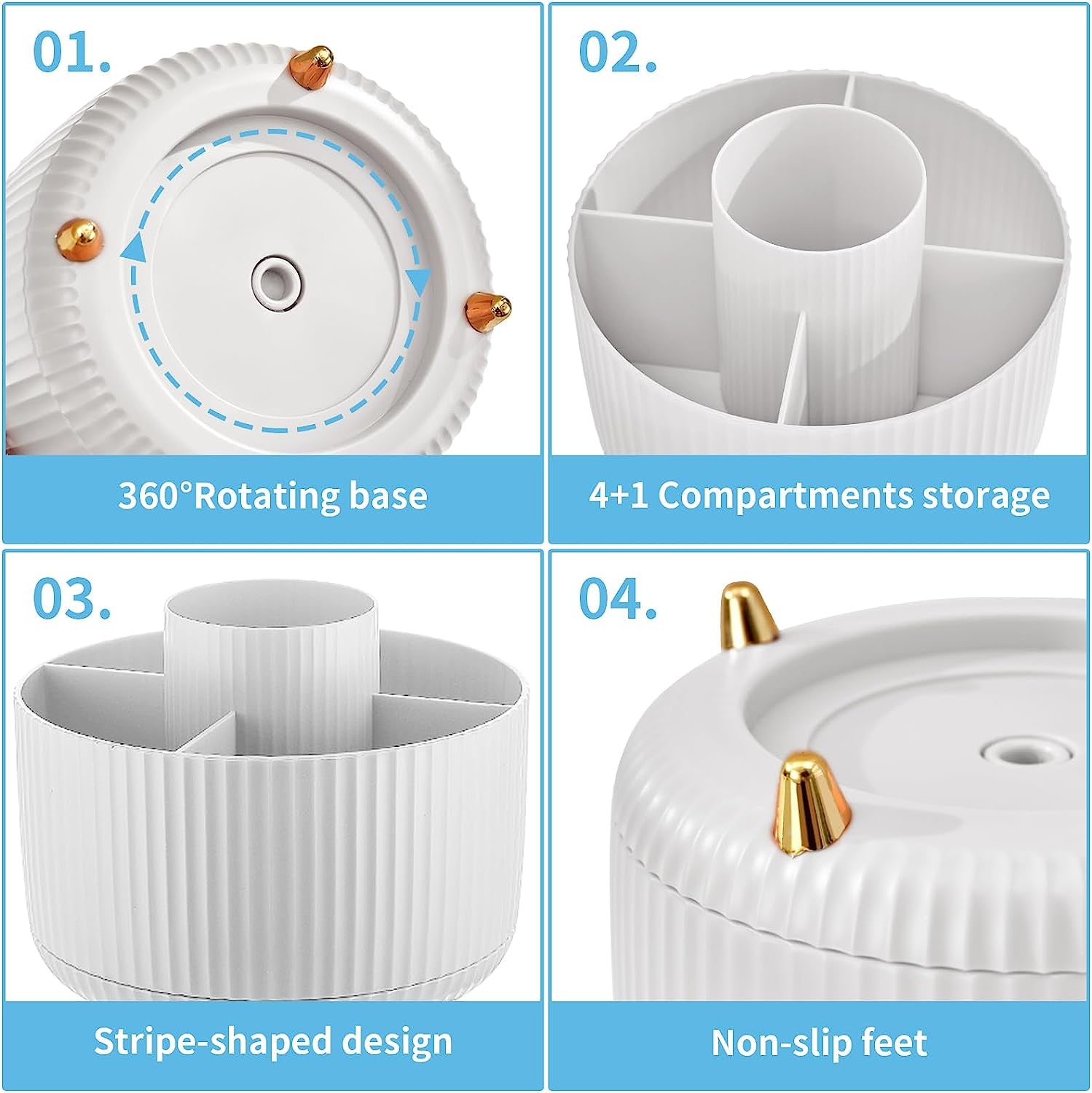 Desk Organizer, 360-Degree Rotating Pen Holder, Desk Organizers and Accessories with 5 Compartments Pencil Holder, Art Supply Storage Box Caddy for Office, Home（White）
