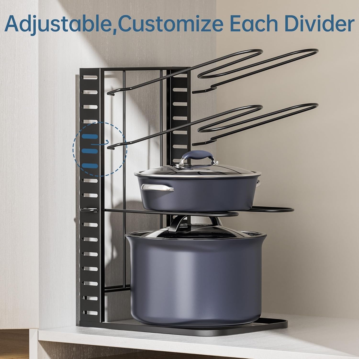 Pots and Pans Organizer under Cabinet 14.55" Height, Adjustable 8-Tier Pot Organizers inside Cabinet, Kitchen Organizers and Storage Fit 6-11 Inch Lightweight Cookware