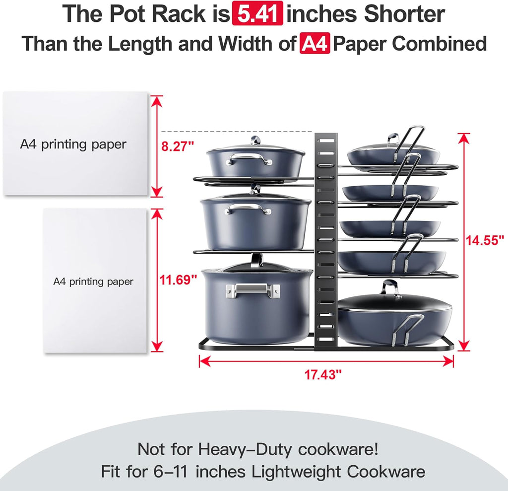 Pots and Pans Organizer under Cabinet 14.55" Height, Adjustable 8-Tier Pot Organizers inside Cabinet, Kitchen Organizers and Storage Fit 6-11 Inch Lightweight Cookware