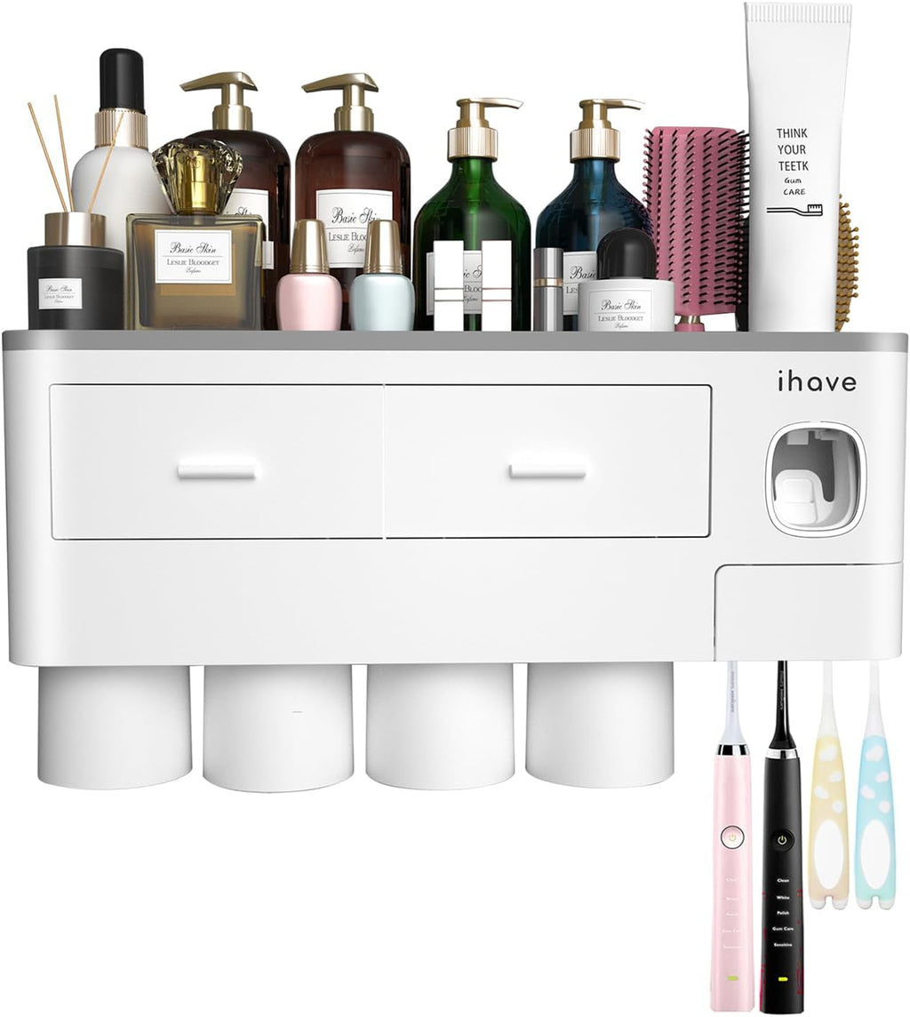 Toothbrush Holders for Bathrooms, 4 Cups Toothbrush Holder Wall Mounted with Toothpaste Dispenser - Large Capacity Tray, 2 Cosmetic Drawer - Bathroom Organizer & Bathroom Accessories Set
