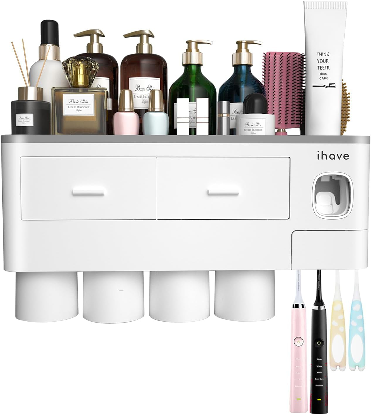 Toothbrush Holders for Bathrooms, 4 Cups Toothbrush Holder Wall Mounted with Toothpaste Dispenser - Large Capacity Tray, 2 Cosmetic Drawer - Bathroom Organizer & Bathroom Accessories Set