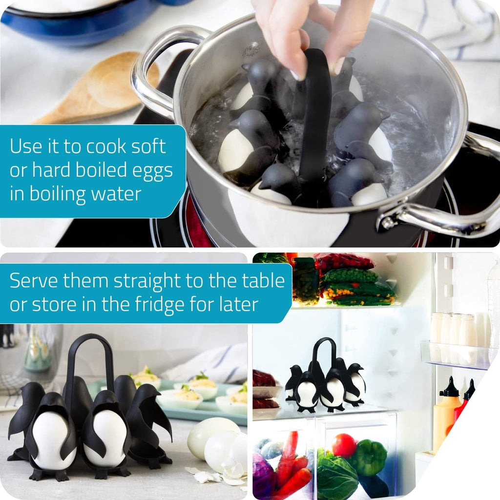 Egguins Egg Cooker for Hard Boiled Eggs and Soft Boiled Eggs – 3-In-1 Boiled Egg Holder for Cooking, Fridge Storage & Serving – Unique Penguin Kitchen Gift, Holds 6 Eggs
