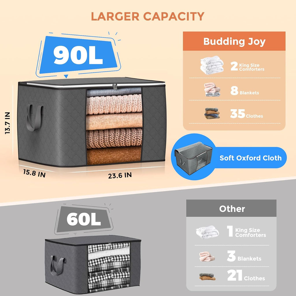 90L Large Storage Bags, 6 Pack Clothes Storage Bins Foldable Closet Organizers Storage Containers with Reinforced Handle for Clothing, Blanket, Comforters, Bed Sheets, Pillows and Toys (Gray)