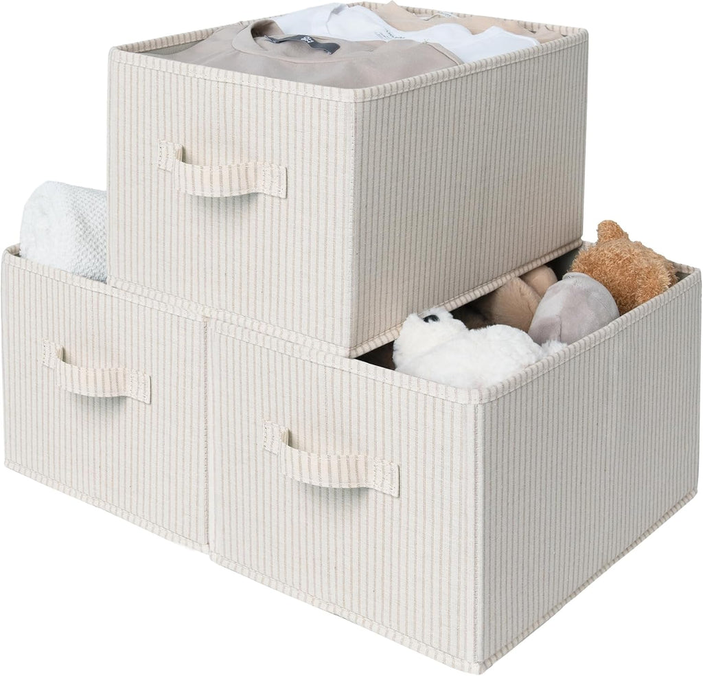 Foldable Shelf Organizer Bins, Closet Storage Baskets for Clothes, Fabric Storage Bins for Shelves, Beige Stripes, 3-Pack, Large