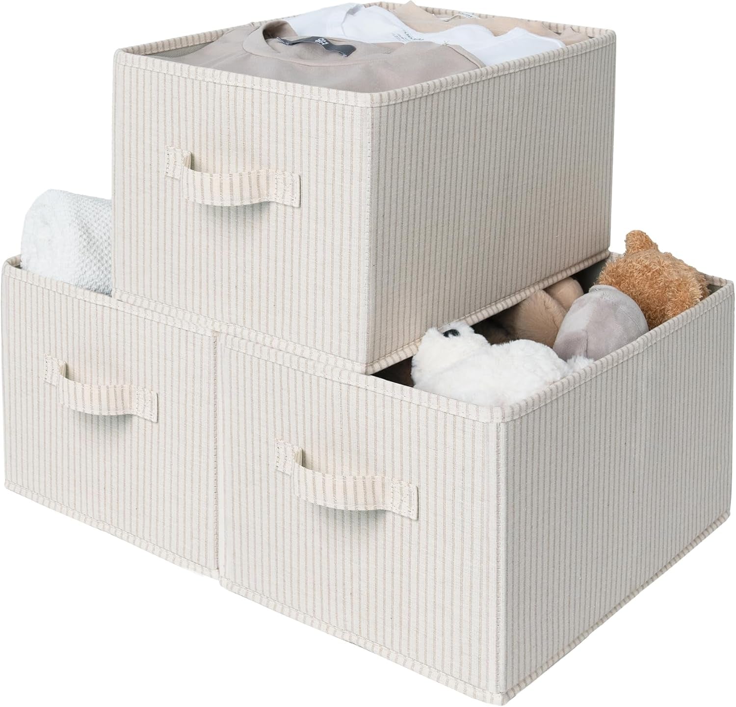 Foldable Shelf Organizer Bins, Closet Storage Baskets for Clothes, Fabric Storage Bins for Shelves, Beige Stripes, 3-Pack, Large