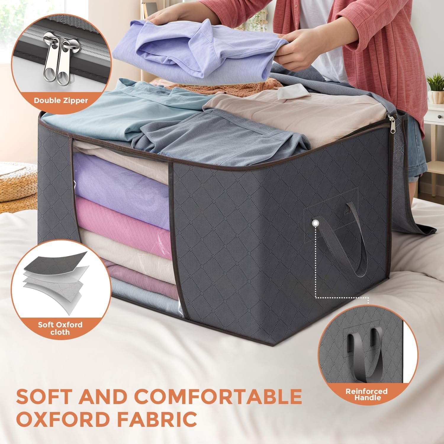 90L Large Storage Bags, 6 Pack Clothes Storage Bins Foldable Closet Organizers Storage Containers with Reinforced Handle for Clothing, Blanket, Comforters, Bed Sheets, Pillows and Toys (Gray)