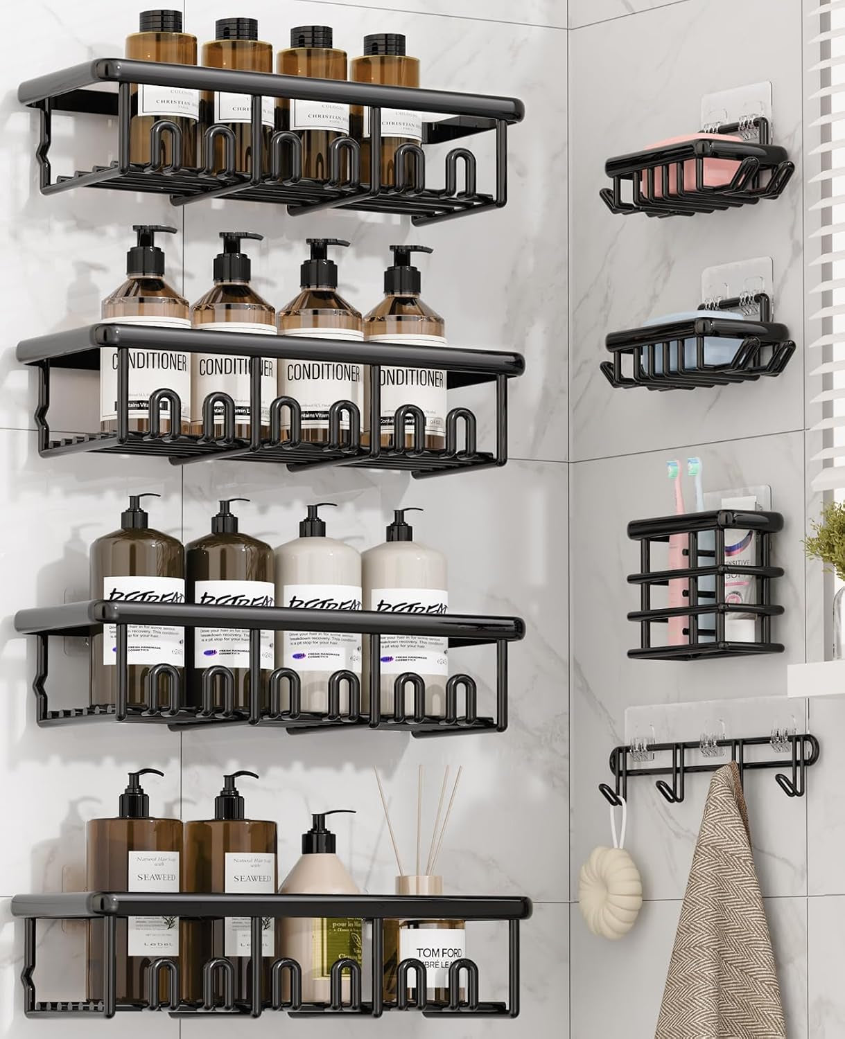 8 Pack Adhesive Rustproof Shower Caddy with Soap Dishes, Toothbrush Holder & Hooks, Large Capacity No-Drilling Shower Shelves Rack for Bathroom Organizers and Storage Accessories, Black