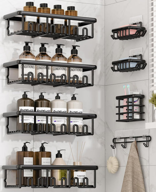 8 Pack Adhesive Rustproof Shower Caddy with Soap Dishes, Toothbrush Holder & Hooks, Large Capacity No-Drilling Shower Shelves Rack for Bathroom Organizers and Storage Accessories, Black