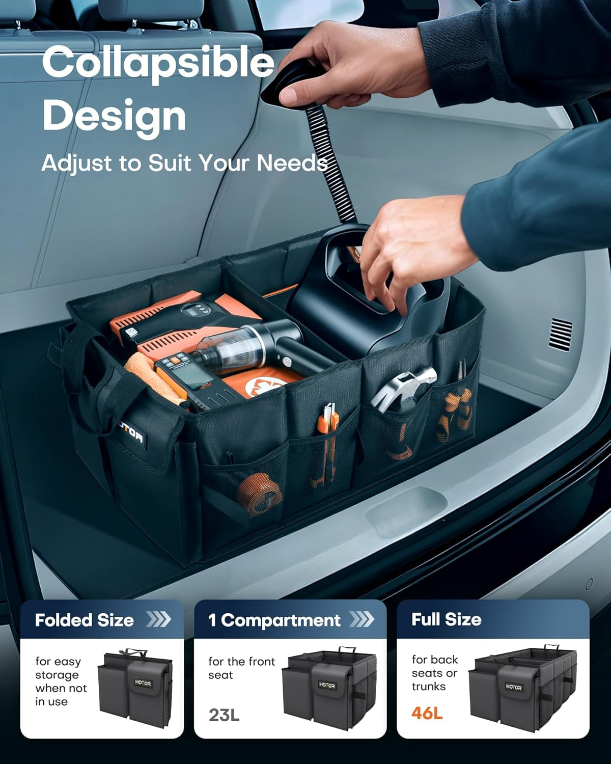 Trunk Organizer - Car Organizer, Foldable Trunk Organizer for Suvs & Sedans, Sturdy Car Organization for Car Accessories, Tools, Sundries, Black, 2 Compartments, 21.3"×12.6"×10.6"