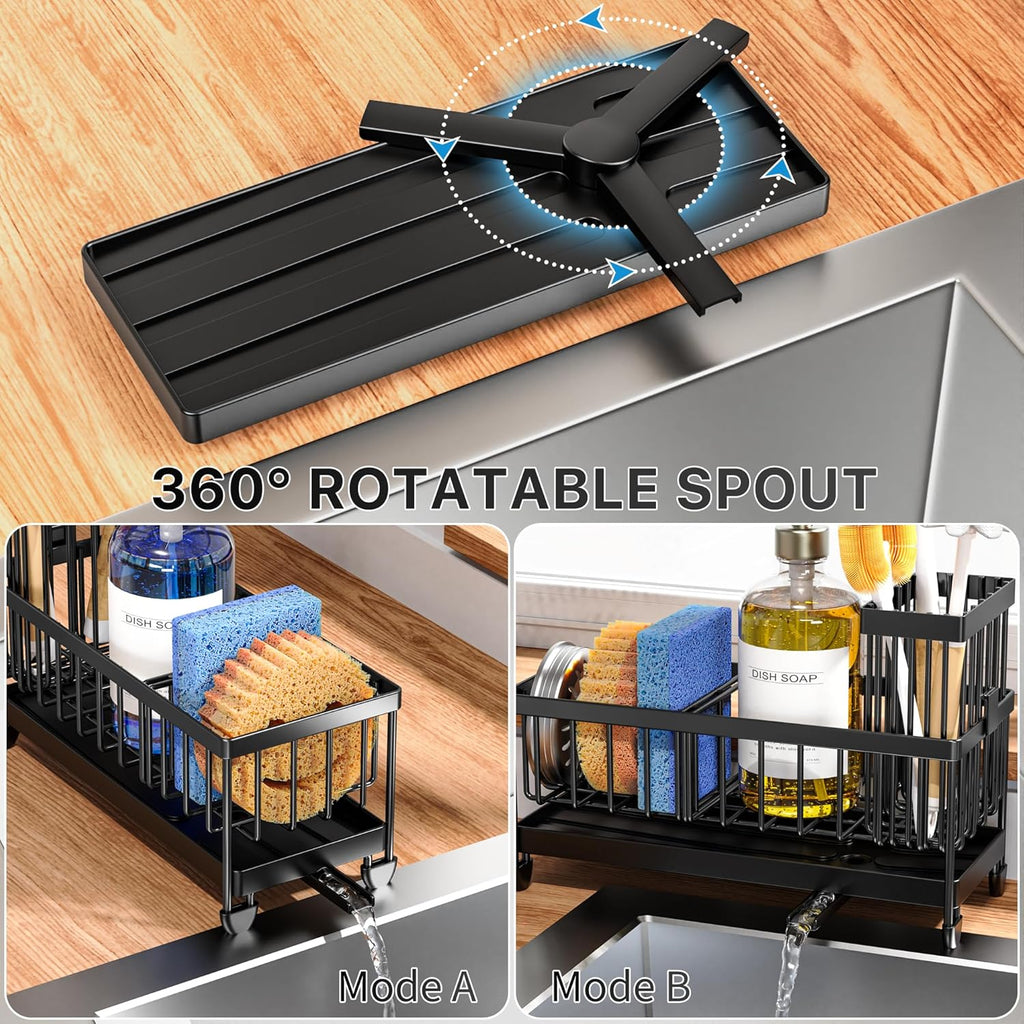 Sponge Holder for Kitchen Sink, Sink Caddy Organizer with High Brush Holder, Kitchen Countertop Organizers and Storage Essentials, Rustproof 304 Stainless Steel (Black, 9.25″)
