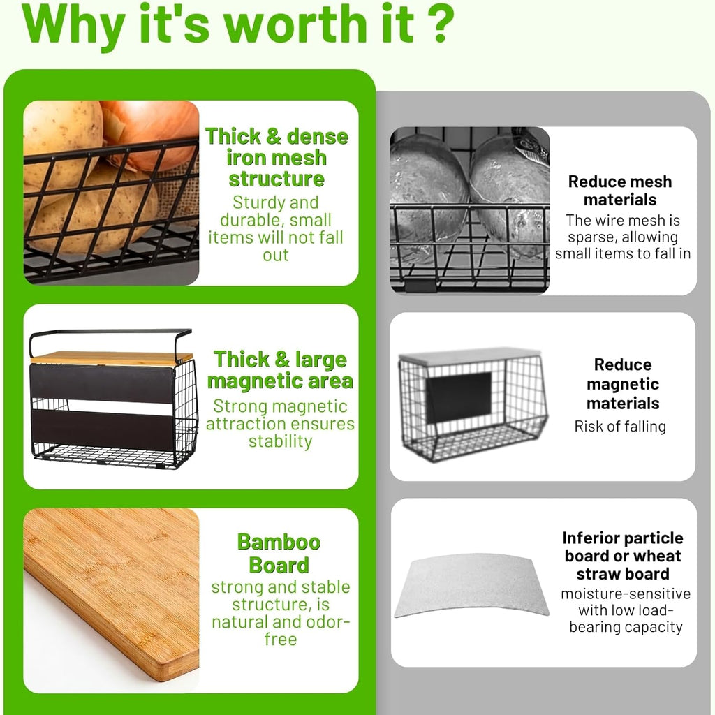 Magnetic Shelf for Fridge with Wood Lid, Fruit Potato and Onion Storage Bins, Pantry Organizers & Storage, Large Container Magnetic Spice Rack for Refrigerator, Kitchen Counter, Cabinet