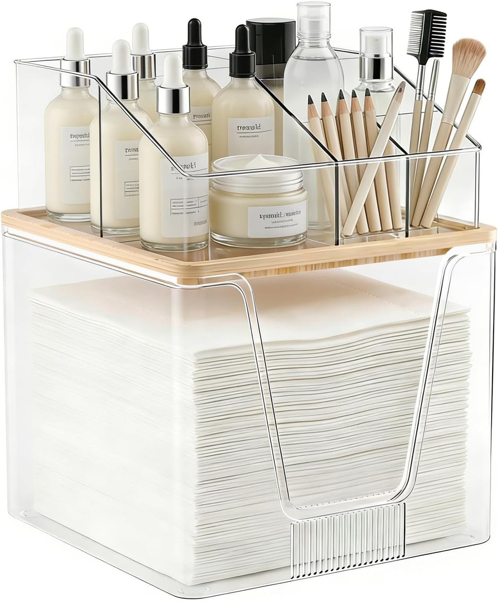 2 in 1 Disposable Facial Towel Holder and Cosmetic Organizer, Clear Storage with Bamboo Lid Compatible with Clean Skin Club Towel XL, Stackable Vanity Organizer for Bathroom Vanity Counter (1 Pack)