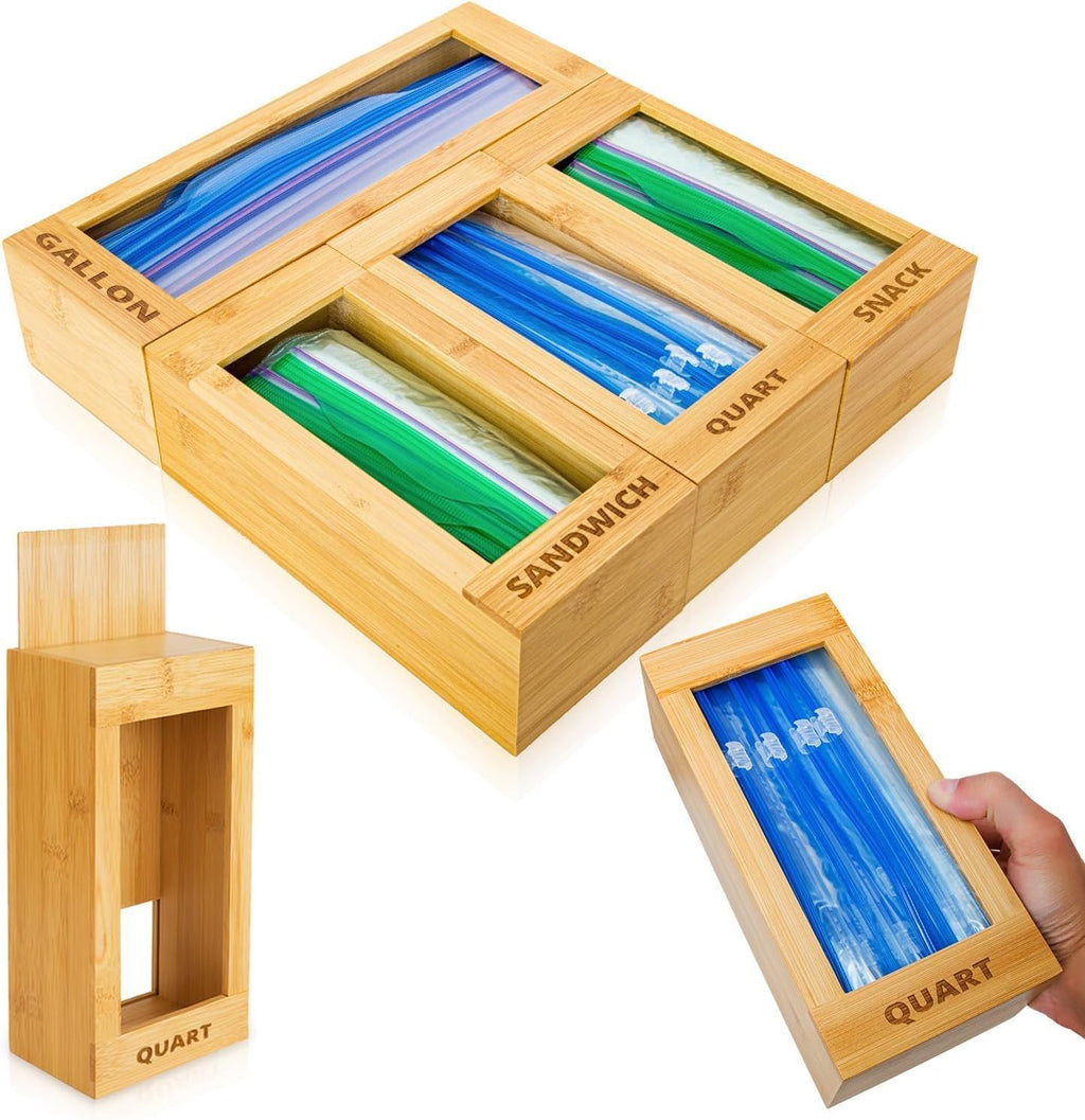 Mhomeaid Bag Storage Organizer - Bamboo Food Plastic Baggie Holder, Dispenser, and Container for Kitchen Drawer - Fits Ziplock and Ziploc Gallon, Quart, Sandwich & Snack Sized Slider Bags (Bamboo)
