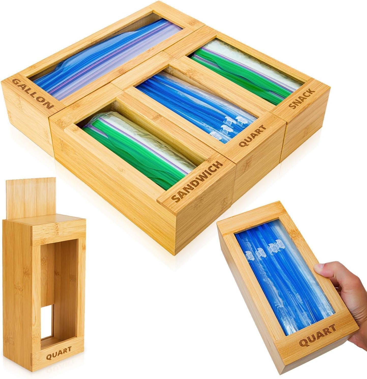 Mhomeaid Bag Storage Organizer - Bamboo Food Plastic Baggie Holder, Dispenser, and Container for Kitchen Drawer - Fits Ziplock and Ziploc Gallon, Quart, Sandwich & Snack Sized Slider Bags (Bamboo)