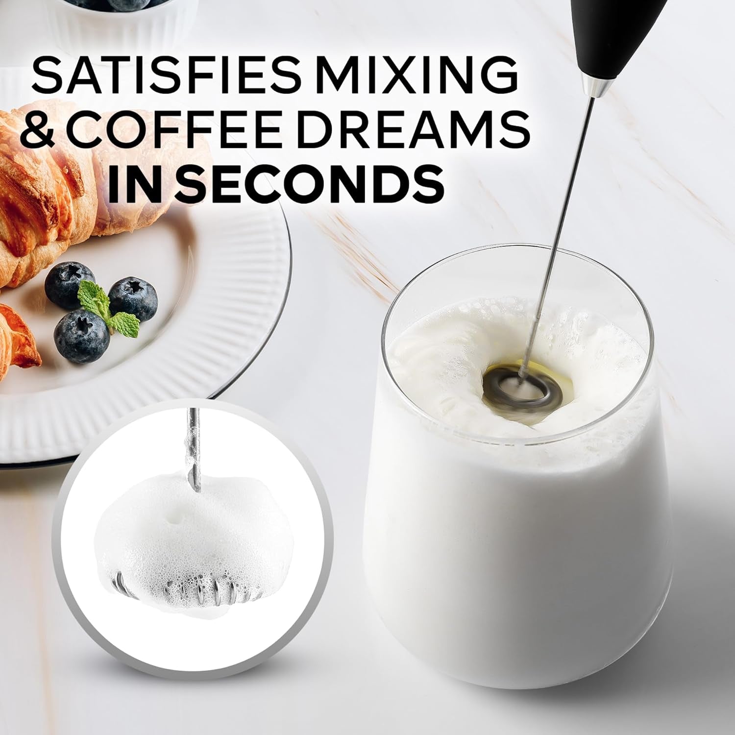 Powerful Milk Frother Wand with Duracell Batteries - Ultra Fast Handheld Drink Mixer - Electric Whisk Foam Maker for Coffee, Lattes, Cappuccino & Matcha - Z1 Motor - Black