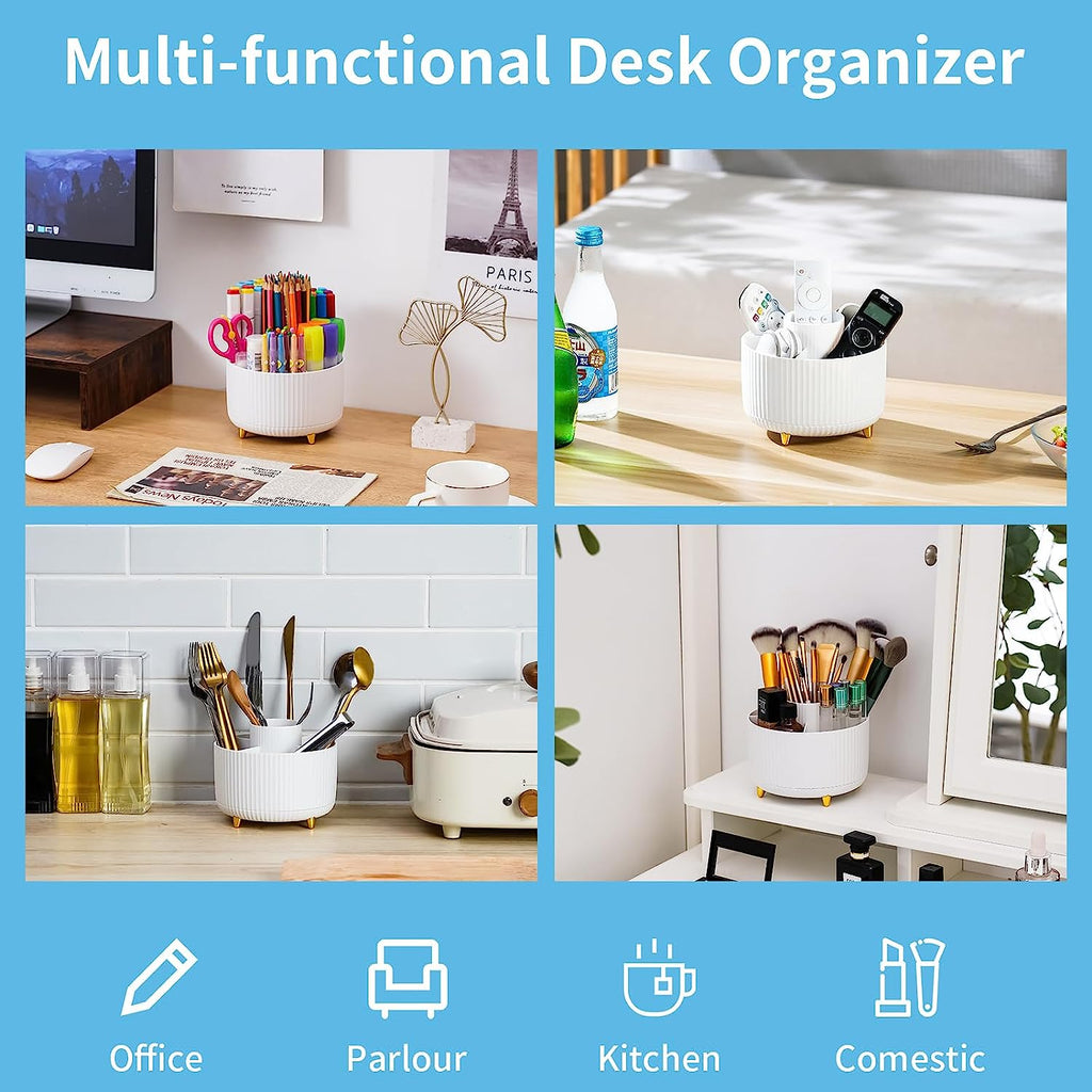 Desk Organizer, 360-Degree Rotating Pen Holder, Desk Organizers and Accessories with 5 Compartments Pencil Holder, Art Supply Storage Box Caddy for Office, Home（White）
