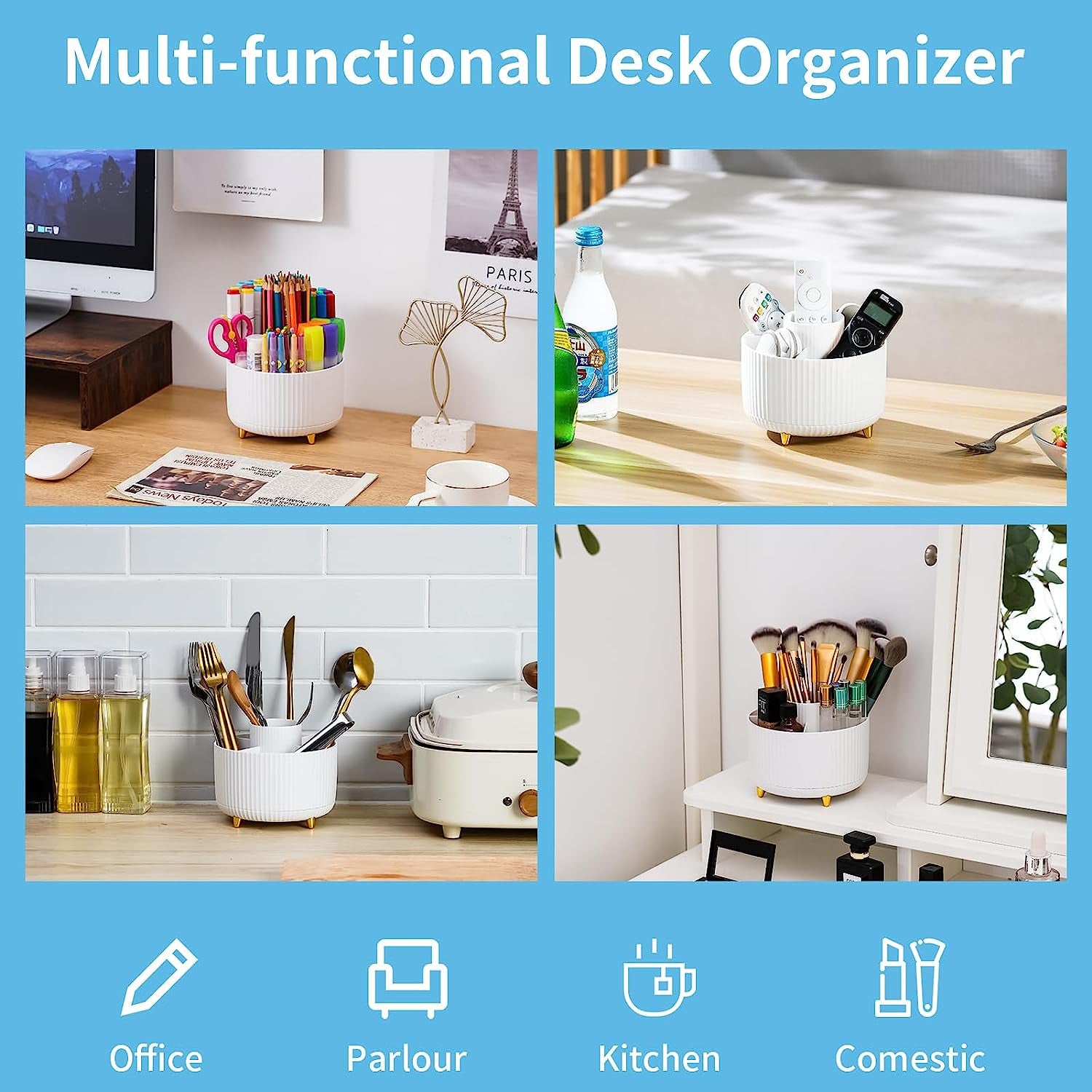 Desk Organizer, 360-Degree Rotating Pen Holder, Desk Organizers and Accessories with 5 Compartments Pencil Holder, Art Supply Storage Box Caddy for Office, Home（White）