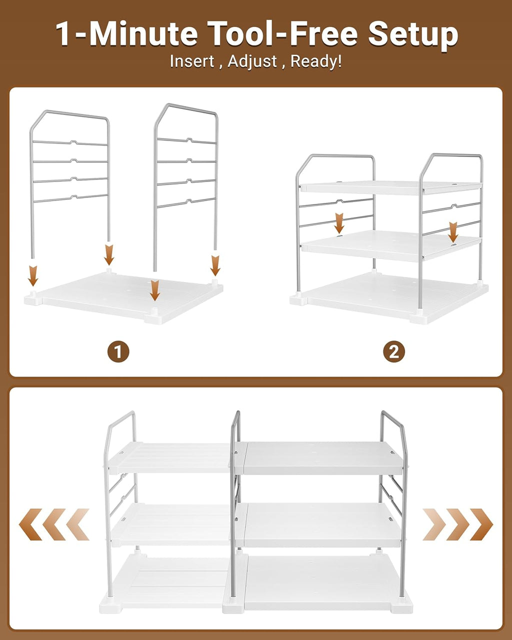Extendable 3-Tier Kitchen Cabinet & Pantry Organizer for Plastic Wrap, Foil & Storage Bags, Adjustable Heavy Duty Shelf Rack for Wrap Boxes, Jars & Snack Boxes (11–16.7 in Wide), Pack of 1