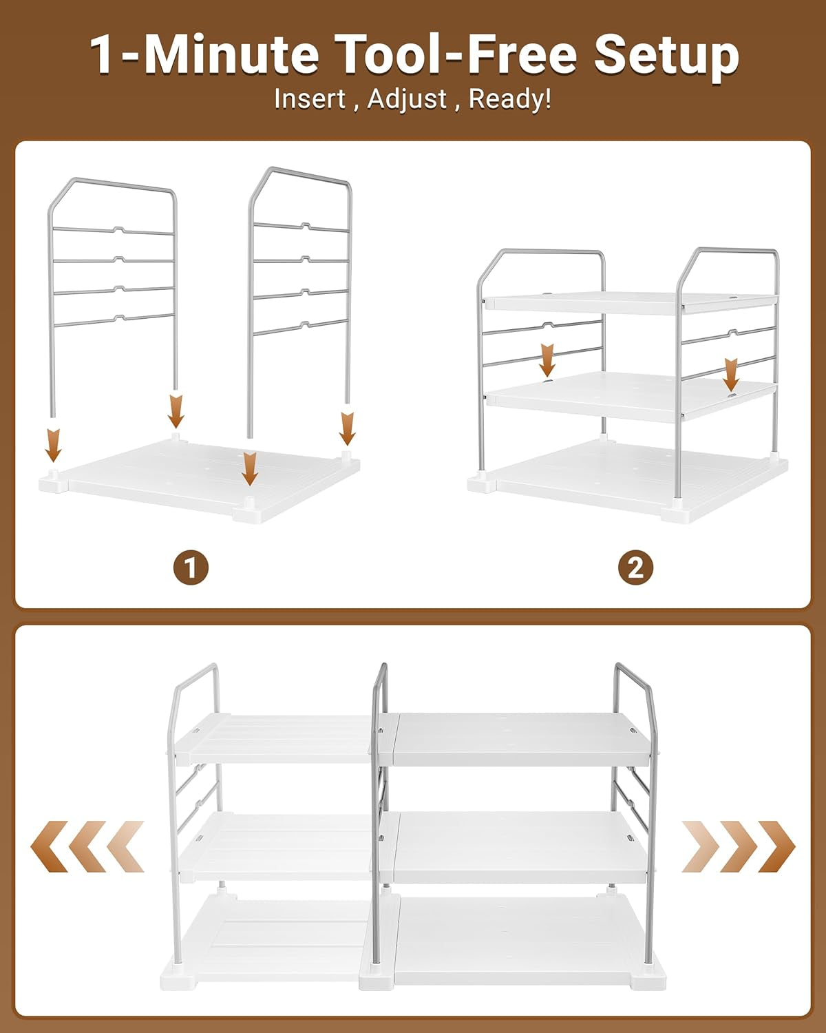 Extendable 3-Tier Kitchen Cabinet & Pantry Organizer for Plastic Wrap, Foil & Storage Bags, Adjustable Heavy Duty Shelf Rack for Wrap Boxes, Jars & Snack Boxes (11–16.7 in Wide), Pack of 1