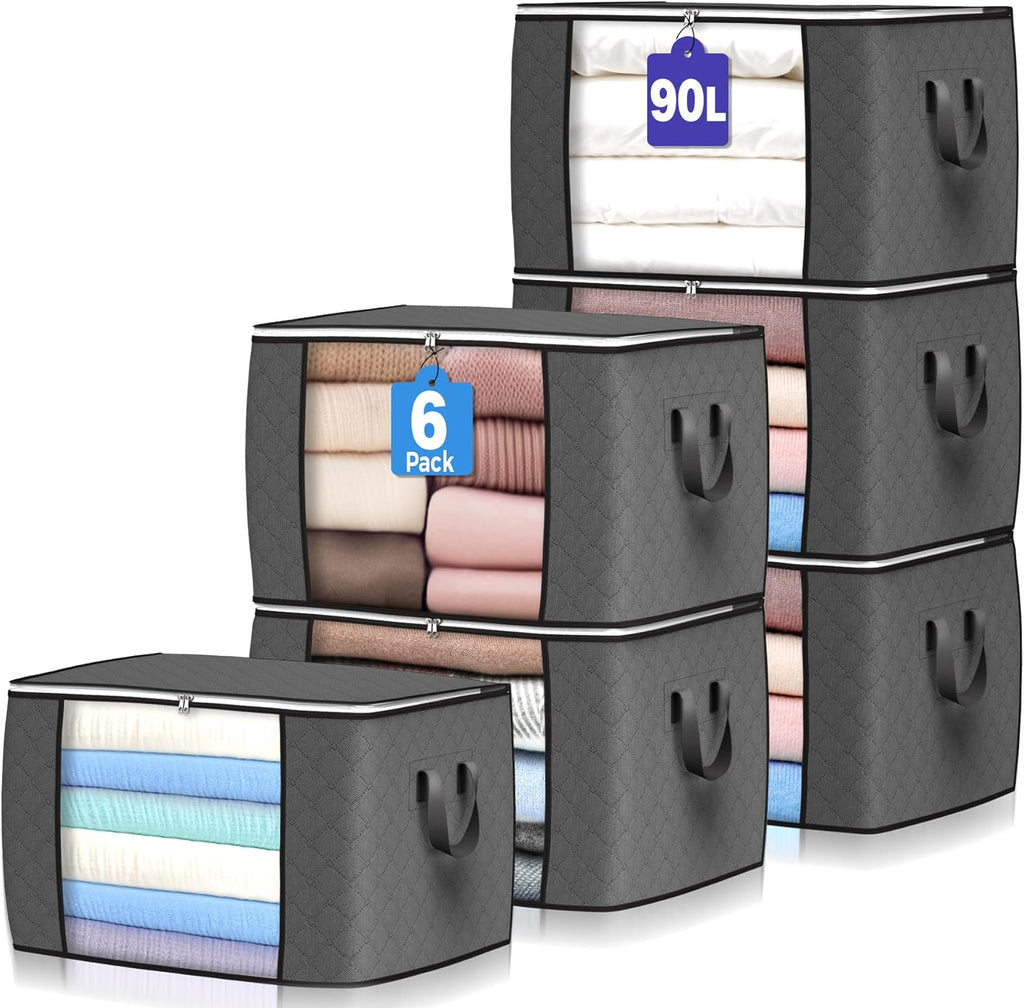 90L Large Storage Bags, 6 Pack Clothes Storage Bins Foldable Closet Organizers Storage Containers with Reinforced Handle for Clothing, Blanket, Comforters, Bed Sheets, Pillows and Toys (Gray)