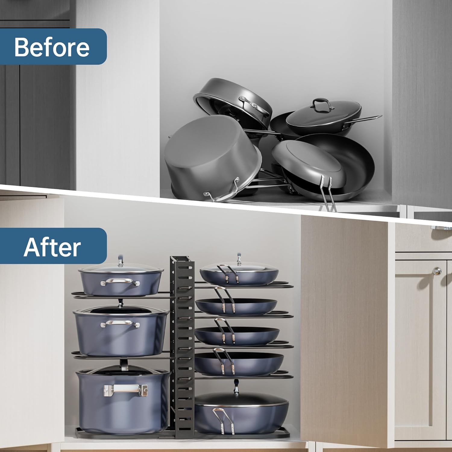 Pots and Pans Organizer under Cabinet 14.55" Height, Adjustable 8-Tier Pot Organizers inside Cabinet, Kitchen Organizers and Storage Fit 6-11 Inch Lightweight Cookware