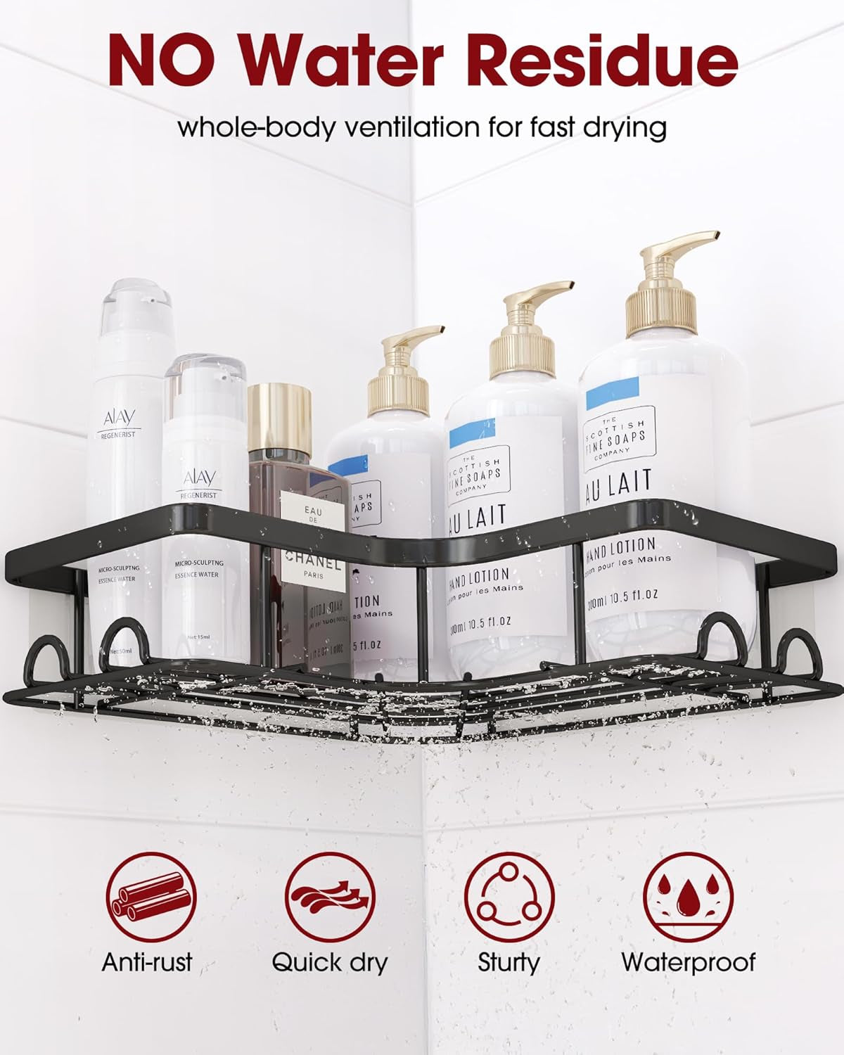 Corner Shower Caddy - 2 Pack, Adhesive Shower Organizers, Rustproof Stainless Steel Shower Shelves with 8 Hooks, No Drilling Bathroom Organizers and Storage Racks, Space-Saving, Black, Medium