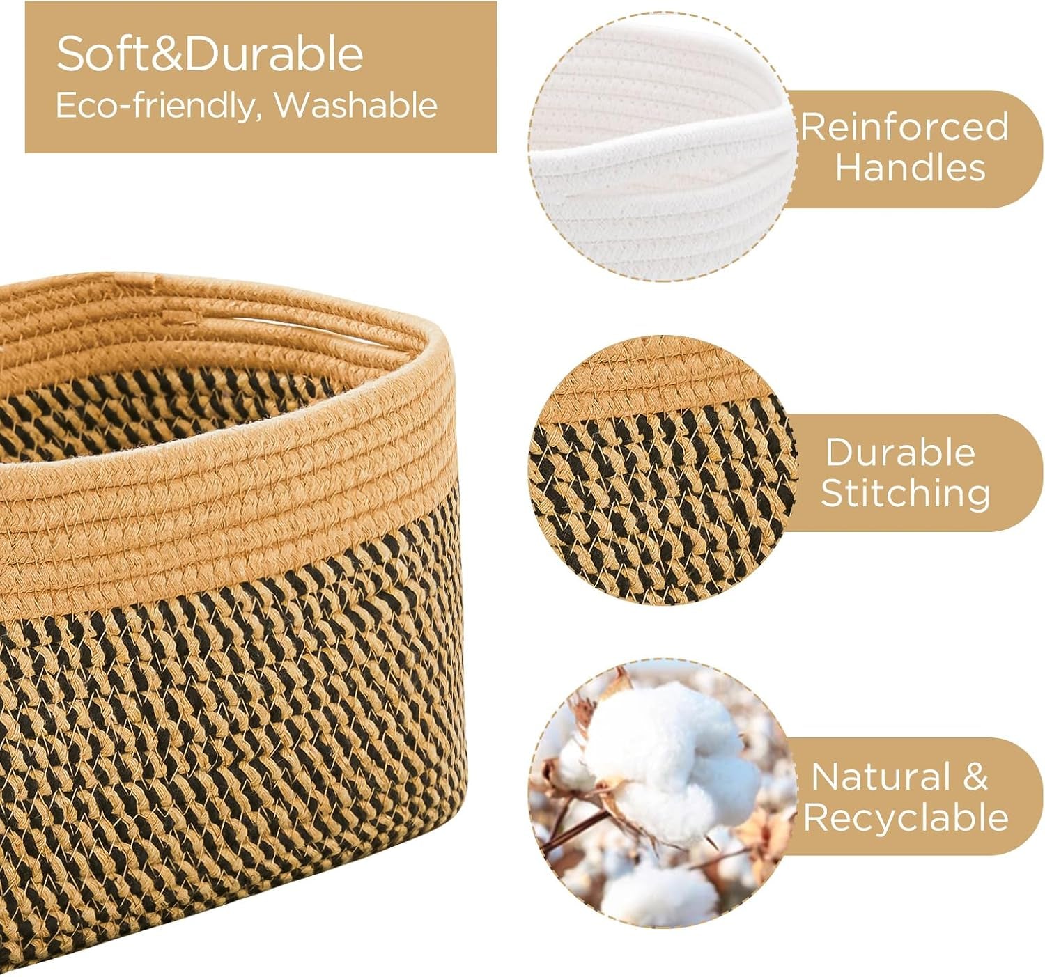 Small Cotton Rope Basket – Storage Bin for Organizing (10.6" X 6.7" X 6.7"), Bathroom Storage Basket for Shelf, Counter & Closet（Camel & Mixed Black）