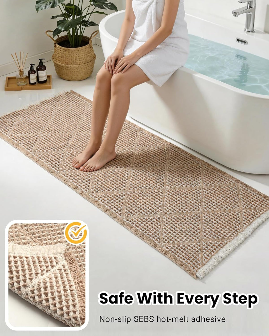 Large Bathroom Rugs 2' X 6', Long Runner Rug Waffle Bath Mat for Kitchen Rugs, Absorbent and Washable Bathroom Mat for Laundry Room, Soft Boho Runner Decor, Entryway Hallway Runner Rug No Slip