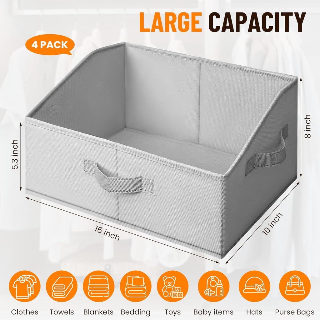 Closet Organizers Bins 4 Pack - Large Collapsible Shelf Organizer with Handles - Fabric Trapezoid Home Organization and Storage Baskets for Organizing Clothes Toy Blanket Towel Purse Hats