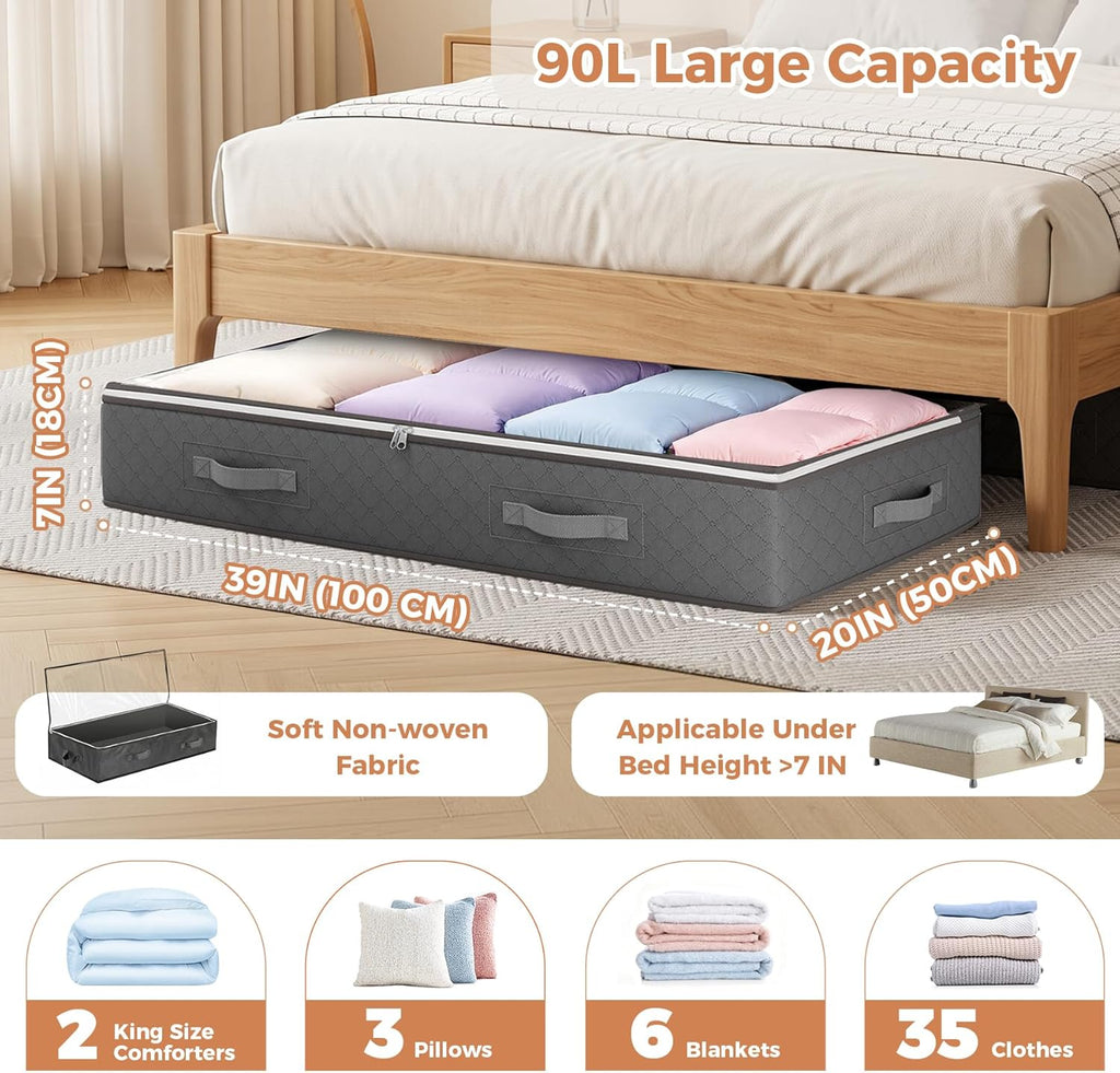 90L under Bed Storage Containers, Closet Organizers and Storage Bins, Foldable Underbed Storage Bags for Linen Sheets, Blanket, Clothing, Comforter, Sweaters, Pillows, Wrapping Paper, Grey