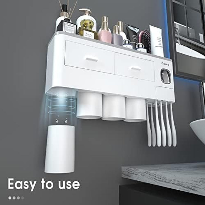 Toothbrush Holders for Bathrooms, 4 Cups Toothbrush Holder Wall Mounted with Toothpaste Dispenser - Large Capacity Tray, 2 Cosmetic Drawer - Bathroom Organizer & Bathroom Accessories Set