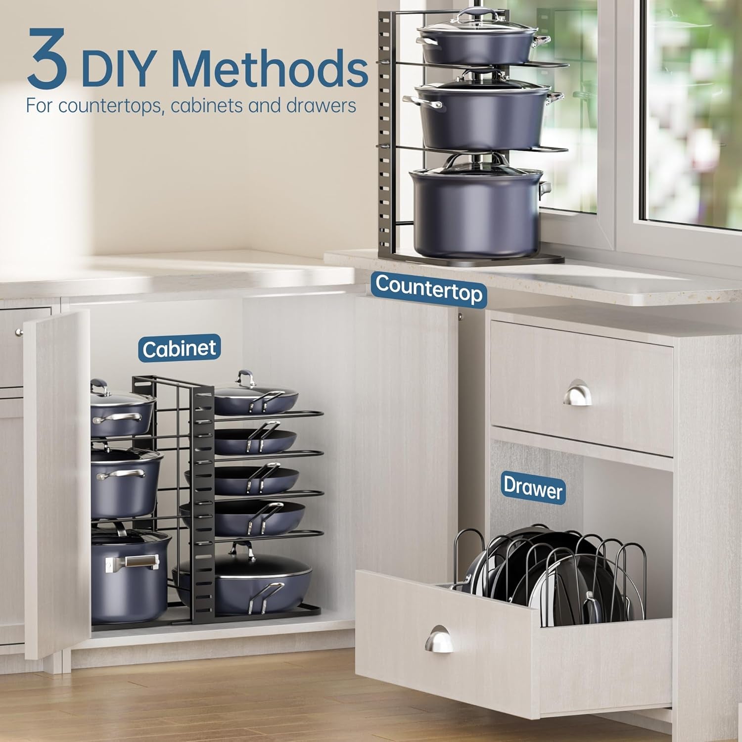 Pots and Pans Organizer under Cabinet 14.55" Height, Adjustable 8-Tier Pot Organizers inside Cabinet, Kitchen Organizers and Storage Fit 6-11 Inch Lightweight Cookware