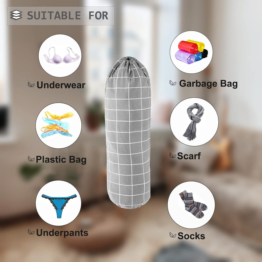 Plastic Bag Holder, Wall Mount Organizer, Shopping Bags Carrier, Washable Large Grocery Storage Dispenser For Home Kitchen Travelling, Free Adjustment with Drawstring (Check Gray)