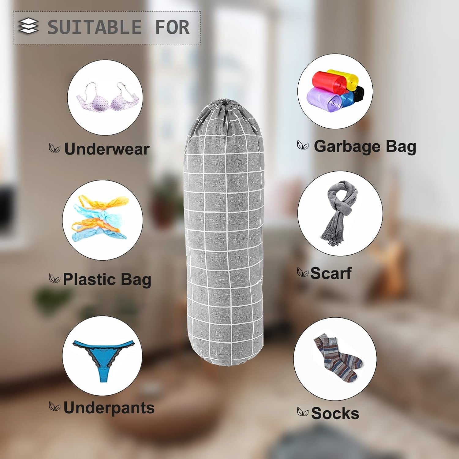 Plastic Bag Holder, Wall Mount Organizer, Shopping Bags Carrier, Washable Large Grocery Storage Dispenser For Home Kitchen Travelling, Free Adjustment with Drawstring (Check Gray)