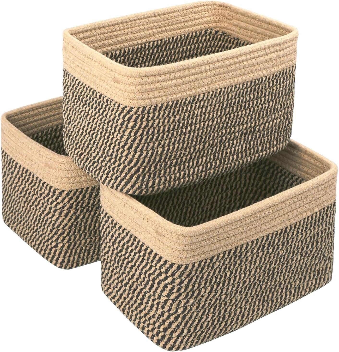 Small Cotton Rope Basket – Storage Bin for Organizing (10.6" X 6.7" X 6.7"), Bathroom Storage Basket for Shelf, Counter & Closet（Camel & Mixed Black）