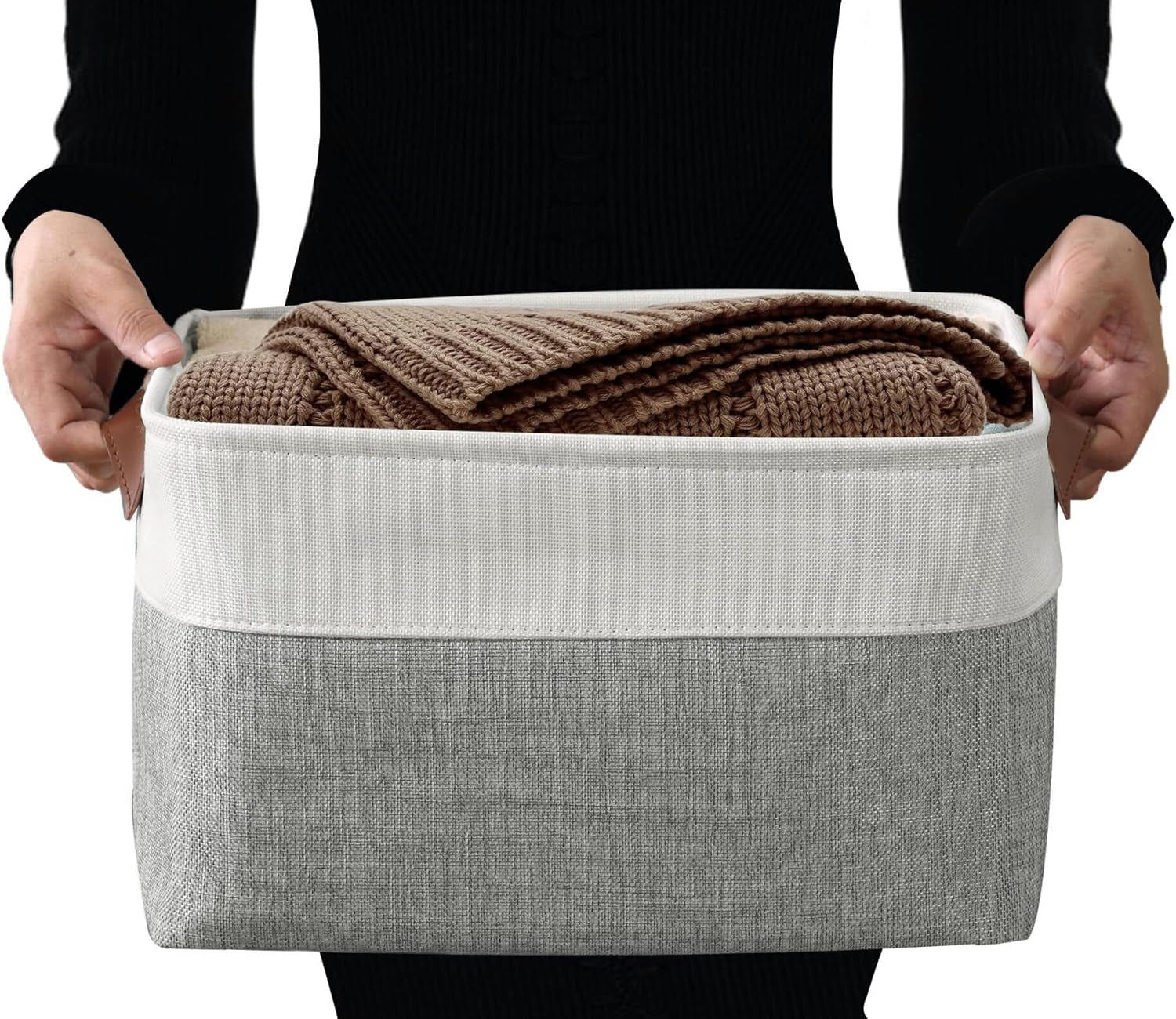 Storage Bins, Large Fabric Storage Baskets for Shelves, Decorative Linen Closet Organizer, 15 X 11 X 9.5 Inches (Grey & White, 3 Pack)