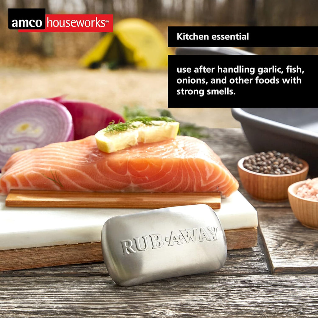 Rub-A-Way Bar, Stainless Steel Odor Absorber (4" X 2.25") - Dishwasher Safe Kitchen & Outdoor Essential for Garlic, Onion, Fishing, Hiking Odors - Natural Odor Remover