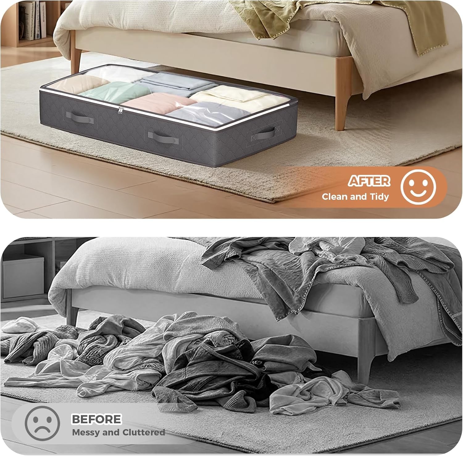 90L under Bed Storage Containers, Closet Organizers and Storage Bins, Foldable Underbed Storage Bags for Linen Sheets, Blanket, Clothing, Comforter, Sweaters, Pillows, Wrapping Paper, Grey