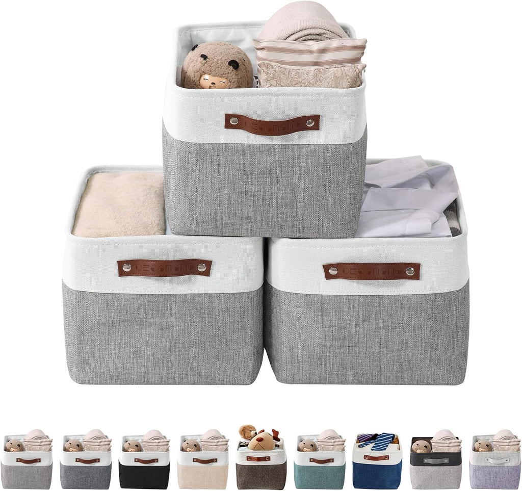 Storage Bins, Large Fabric Storage Baskets for Shelves, Decorative Linen Closet Organizer, 15 X 11 X 9.5 Inches (Grey & White, 3 Pack)