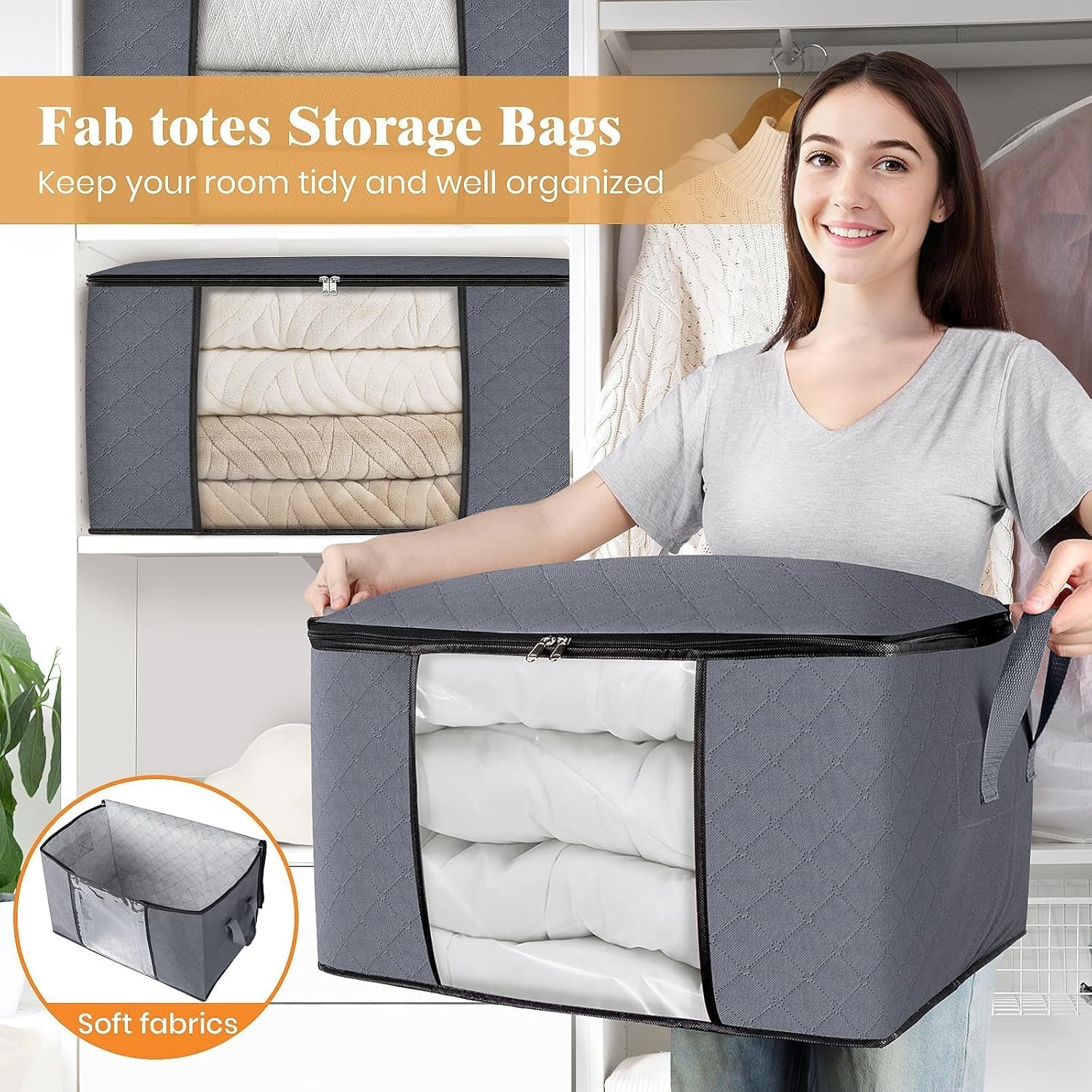 6 Pack Storage Bags for Clothes and Blanket, Foldable Closet Organizers and Storage with Zippers, Clear Window and Handles, Fabric Storage Bins for Sweater, Comforter, Bedding,Linen Sheets