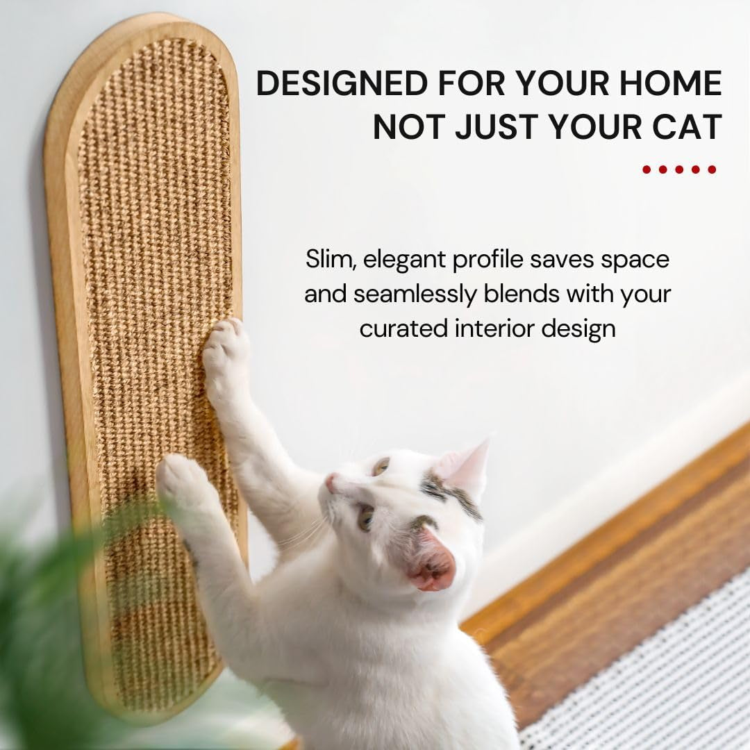 Indoor Cat Wall Scratcher — Multidirectional Sisal Scratch Pad & Board for Furniture Protection, Space-Saving Wall or Floor Use, Solid Rubberwood, All Breeds (Natural)