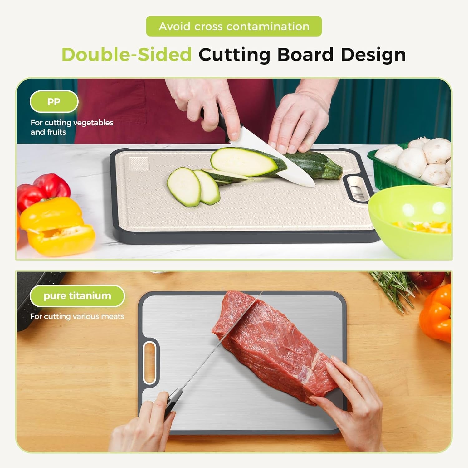 Titanium Cutting Board for Kitchen, Cutting Board Double Sided Food Grade, Pure Titanium/Pp, Easy to Clean Large Size 15”×10.3”