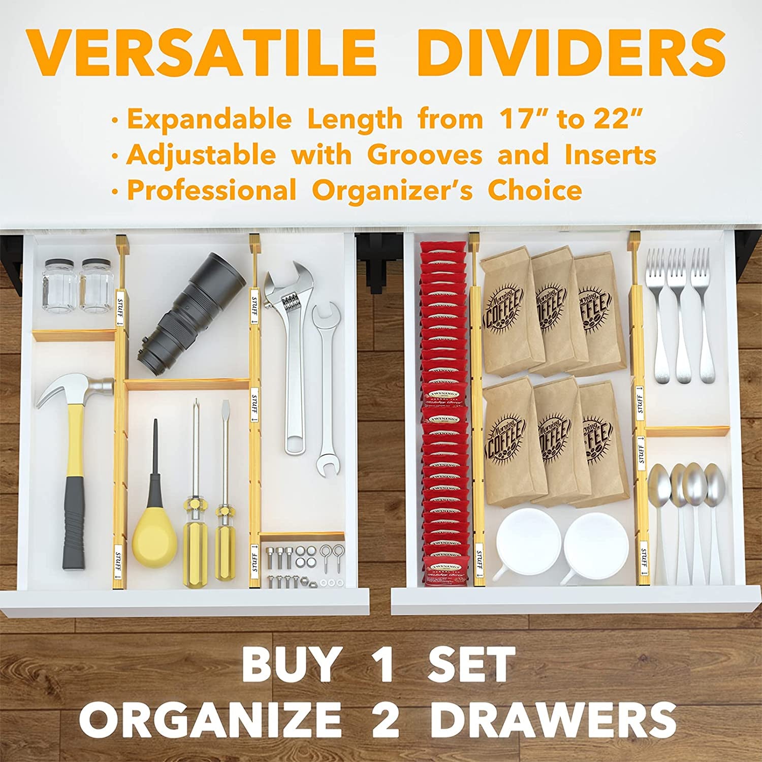 Bamboo Drawer Dividers with Inserts and Labels, Kitchen Adjustable Drawer Organizers, Expandable Organization for Home, Office, Dressers, 4 Dividers with 9 Inserts (17"-22" Natural)