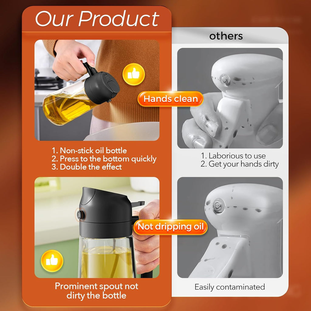 16Oz/470Ml Glass Olive Oil Sprayer for Cooking with Stickers, 2 in 1 Oil Dispenser for Kitchen Gadgets, Food Grade Premium Spray Bottle with Portion Control for Salad, Frying, BBQ (Black)