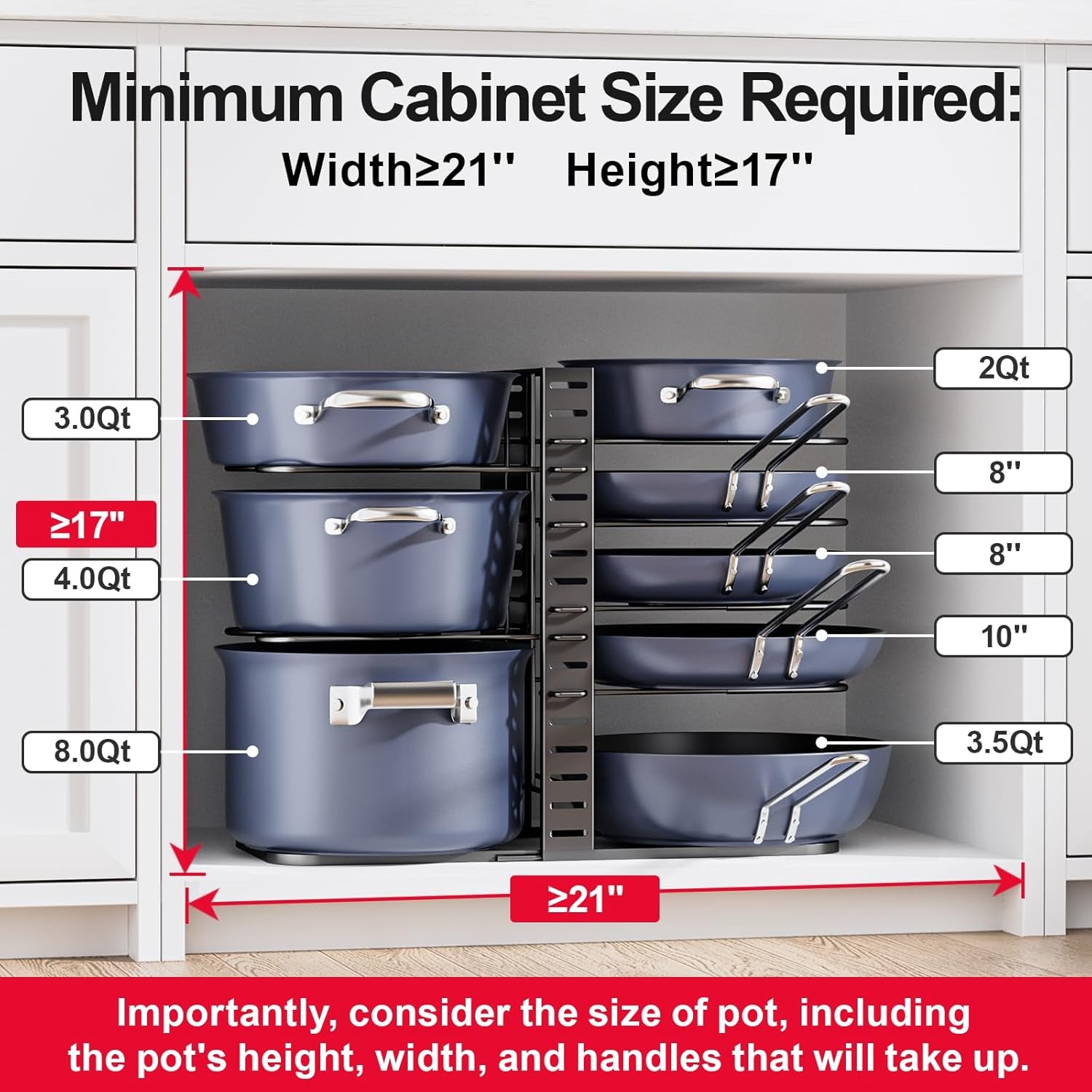 Pots and Pans Organizer under Cabinet 14.55" Height, Adjustable 8-Tier Pot Organizers inside Cabinet, Kitchen Organizers and Storage Fit 6-11 Inch Lightweight Cookware